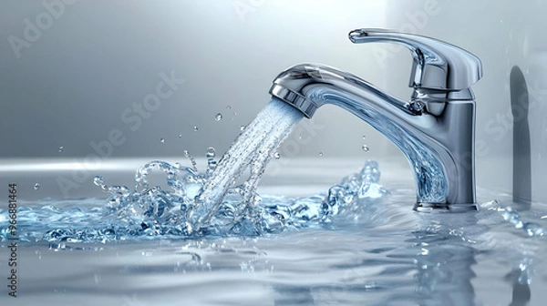 Fototapeta A chrome faucet pouring water into a basin, creating ripples in the water surface.