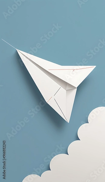 Fototapeta A minimal illustration of a paper airplane in mid-flight, with a dashed line indicating its path. The background is plain, highlighting the simple elegance of the airplane’s journey