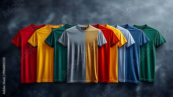 Fototapeta A collection of colorful t-shirts arranged in a row against a textured background.