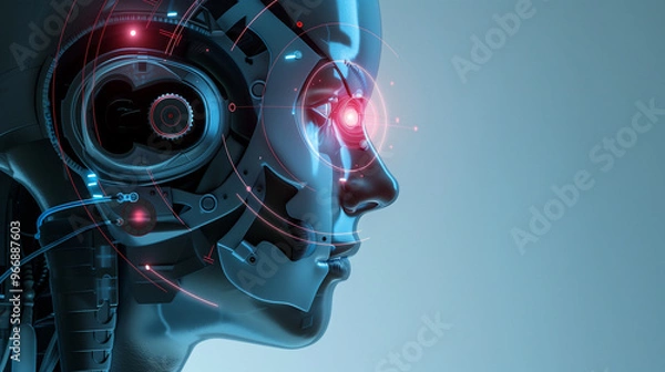 Fototapeta Side profile of a humanoid robot with glowing red eye and intricate mechanical details