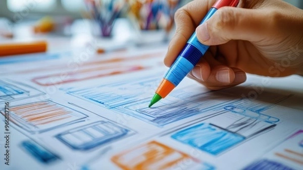 Fototapeta Fingers holding a colored marker, drawing branding concepts on a shared whiteboard, Concept Sketching, Collaborative branding session