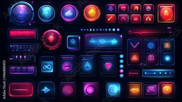 Fototapeta A collection of vibrant, futuristic UI buttons and icons for digital interfaces.