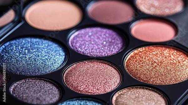 Obraz Detailed image of an eyeshadow palette with matte and shimmer shades, no branding, centered on the color variety, no people.