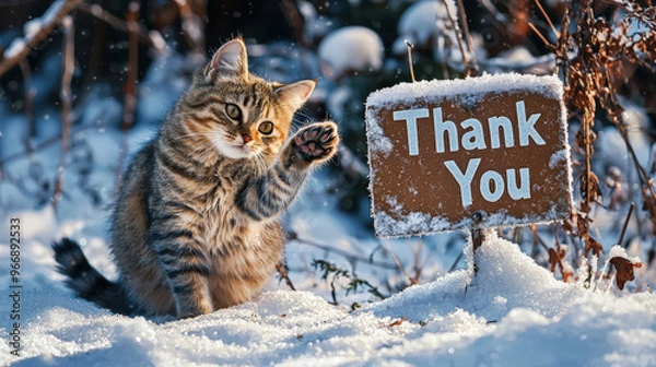 Obraz Playful kitten in snow pawing at sign, expressing gratitude with charming wave. This adorable scene captures joy of winter and cuteness of furry friend
