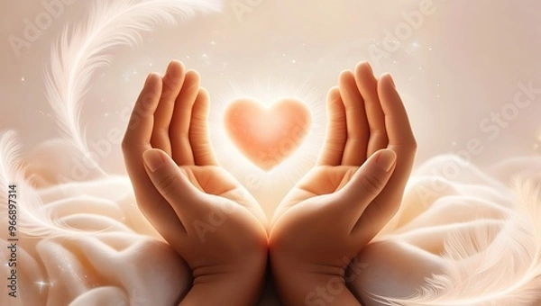 Fototapeta A warm scene of hands holding a glowing heart, surrounded by soft light, symbolizing deep gratitude and appreciation.