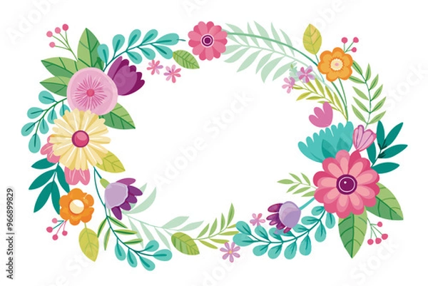 Fototapeta A corner border with multiple pastel colored flowers with green and turquoise leaves on a white background.