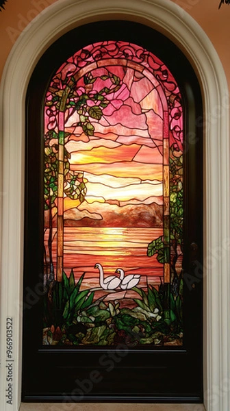 Obraz Stained glass window sunset over water, surrounded by lush flowers and swirling clouds. generative ai