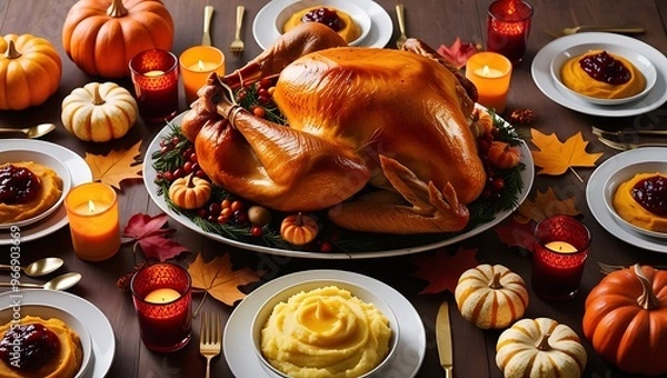 Fototapeta  A festive Thanksgiving dinner table with a golden-brown turkey, mashed potatoes, cranberry sauce, and candles, surrounded by fall decorations like pumpkins and autumn leaves.
