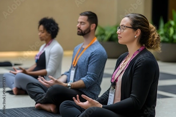 Obraz Mindfulness at Work - Employees participating in a meditation session in a corporate wellness program