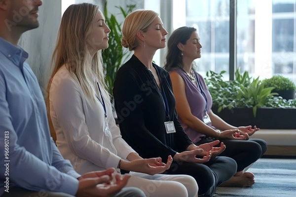 Fototapeta Mindfulness at Work - Employees participating in a meditation session in a corporate wellness program