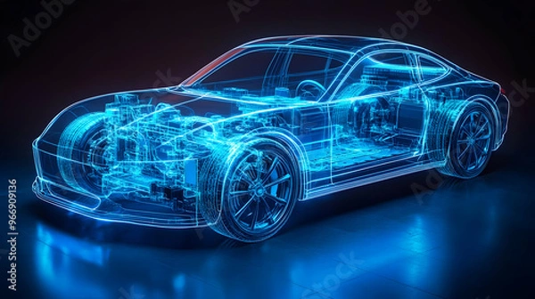 Fototapeta A futuristic, transparent car design showcasing internal components in a glowing blue outline.
