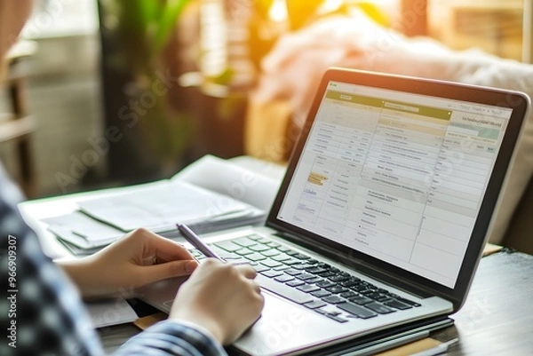 Obraz Online survey filling out and digital form checklist by laptop computer, Document Management Checking System, online documentation database and process manage files.