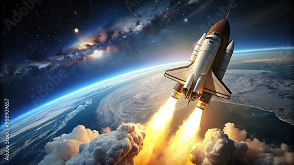 Fototapeta Space shuttle launching into space with Earth in background, viewed from below