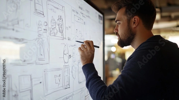 Fototapeta A man is drawing on a white board with a pen