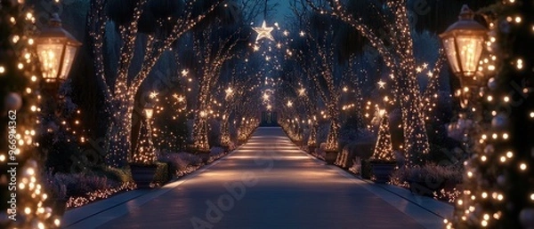 Fototapeta A Pathway Lit by String Lights and Lanterns