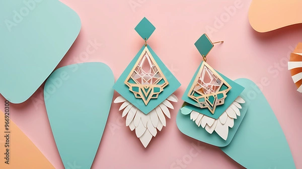 Fototapeta Paper cut-out style earrings with geometric shapes and folded paper layers, suspended against a soft pastel background
