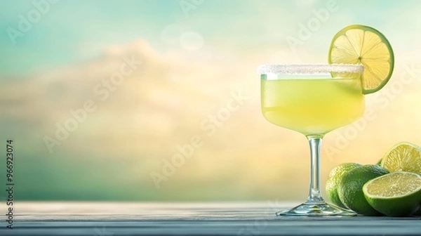 Obraz Refreshing Summer Cocktail with Lime on Wooden Table