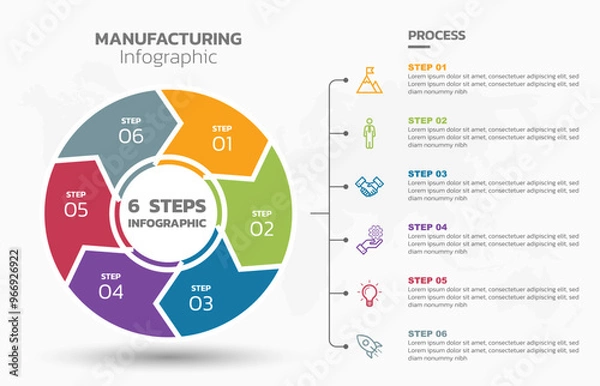 Obraz Visual data presentation. Cycle diagram with 6 options. Pie Chart Circle infographic template with 6 steps, options, parts, segments. Business concept. Marketing infographic vector illustration.
