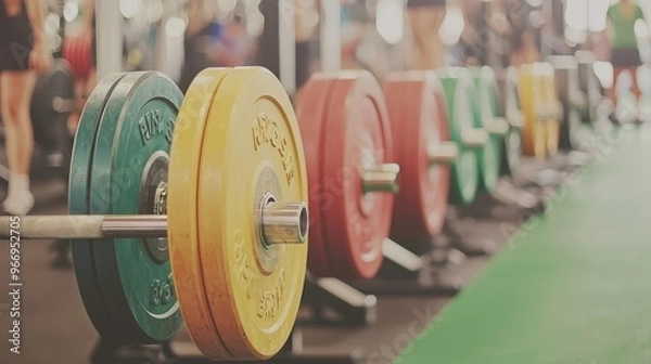 Obraz Weight Lifting Equipment in Gym with Colorful Weight Plates