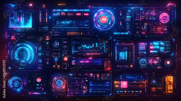 Fototapeta A vibrant, futuristic user interface with glowing panels and data visualizations.