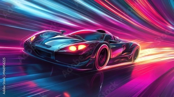 Fototapeta Supercar with glowing speed rays, racing across a colorful futuristic background, captured in a dynamic vector illustration