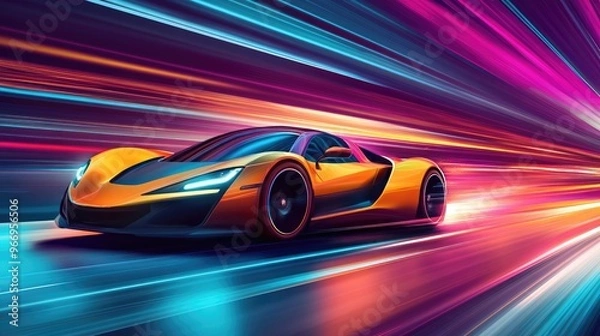 Fototapeta Vector illustration of a supercar with vibrant speed rays, driving through a dynamic futuristic background full of color and motion