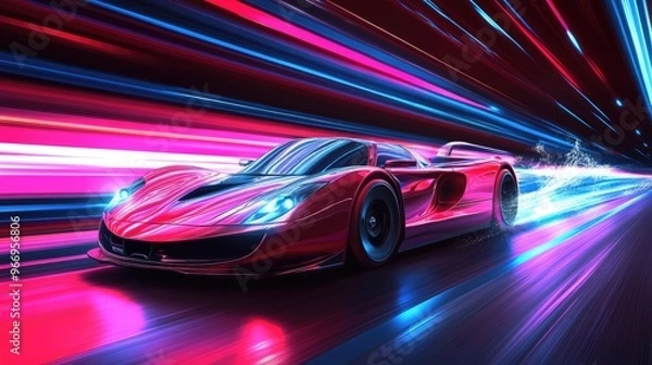 Fototapeta Vibrant supercar racing with bold speed rays, set against a dynamic futuristic backdrop, creating a sense of fast-paced motion