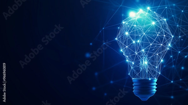 Fototapeta Minimalistic abstract image of a blue light bulb created from a network of glowing blue nodes and lines, conveying advanced ideas, technology, and connectivity.