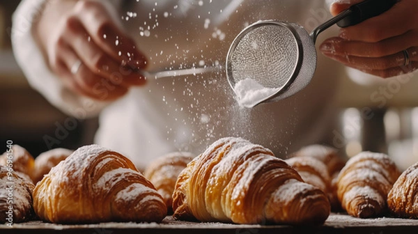 Fototapeta Hands preparing to dust croissants with powdered sugar, showcasing the delicate process in a bakery setting, capturing the fresh, warm appearance of the pastries.