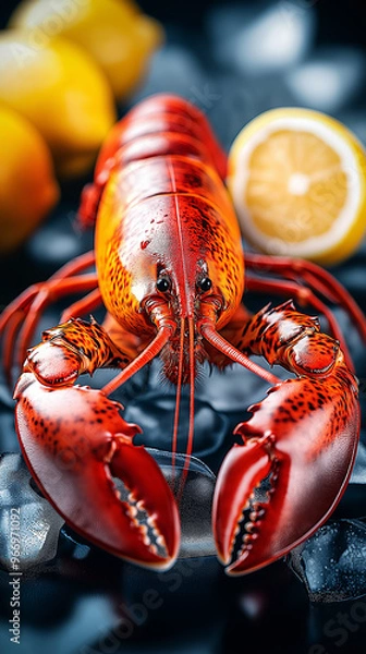 Obraz vibrant live lobster resting on a bed of ice, garnished with fresh lemon slices, creating a visually striking seafood display..