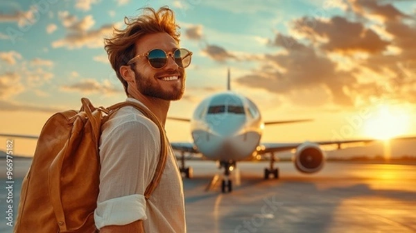 Fototapeta Man with Backpack Smiling at Airplane on Runway.