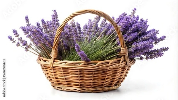 Obraz Symmetrical isolated basket with lavender on white background