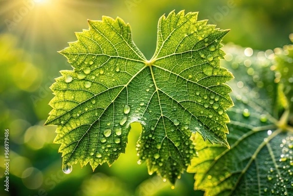 Fototapeta Symmetrical macro shot of glistening vineyard leaves showcasing intricate water droplet patterns against lush green backdrop