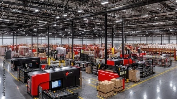 Fototapeta Modern Warehouse Interior with Automated Packaging Machines and Pallets of Boxes
