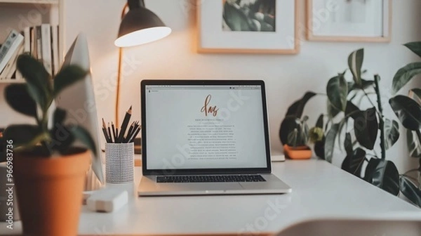 Fototapeta A chic office space with a contemporary desk, cutting-edge laptop, and motivational wall art designed to boost productivity.