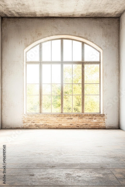 Fototapeta Spacious empty room with arched windows and exposed brick walls. Large property interior with ample copyspace for branding.