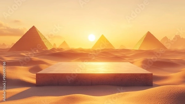 Fototapeta An empty podium in 3D surrounded by golden sands and the silhouettes of pyramids in the distance, with the sun casting long, dramatic shadows