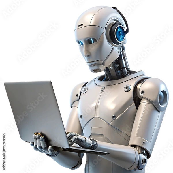 Fototapeta robot with laptop isolated on transparent white background, clipping path 