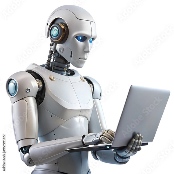 Fototapeta robot with laptop isolated on transparent white background, clipping path 