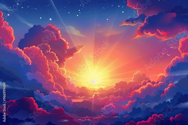 Obraz Sunrays intering through Ozone layer, Animated cartoon style