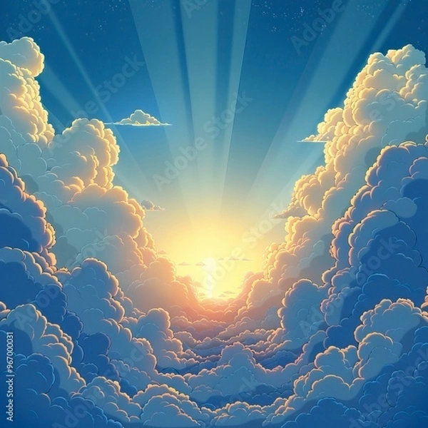 Obraz Sunrays intering through Ozone layer, Animated cartoon style