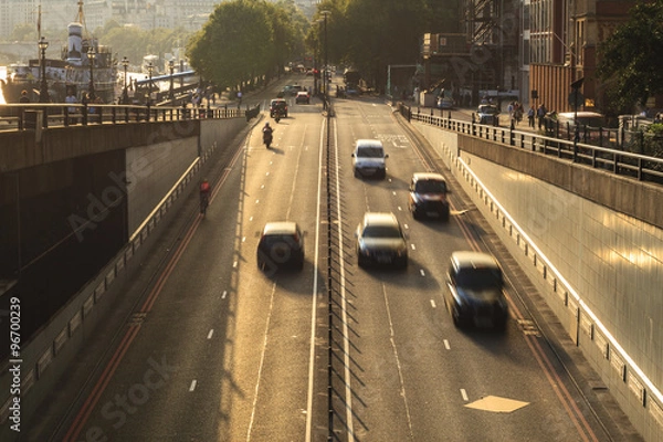 Obraz Traffic at sunset, high angle from a bridge