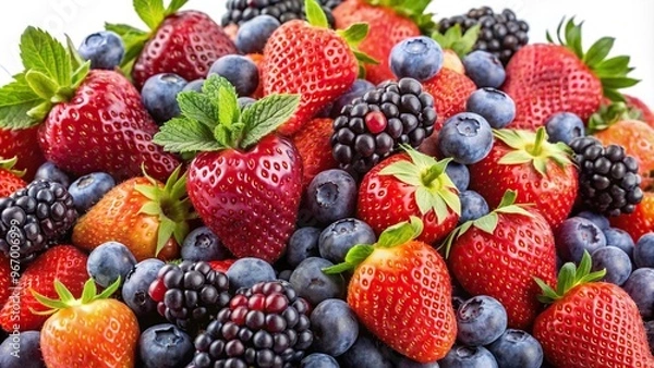 Fototapeta Tilted angle berries background with strawberries, blueberries, raspberries, and blackberries