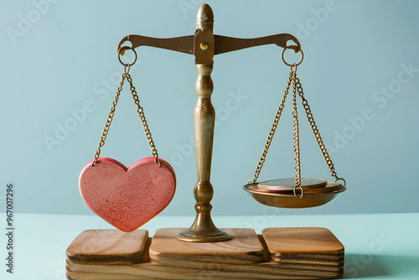 Fototapeta A scale with a heart on one side and a coin on the other