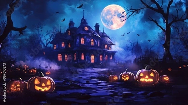 Fototapeta A spooky Halloween scene with a haunted house, glowing pumpkins, and a full moon.