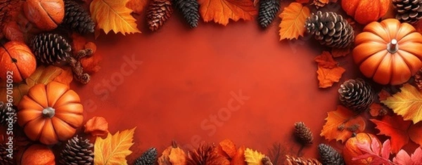Fototapeta Autumn scene frame with pumpkins, leaves, and pinecones on a red background, perfect for seasonal and holiday themes.