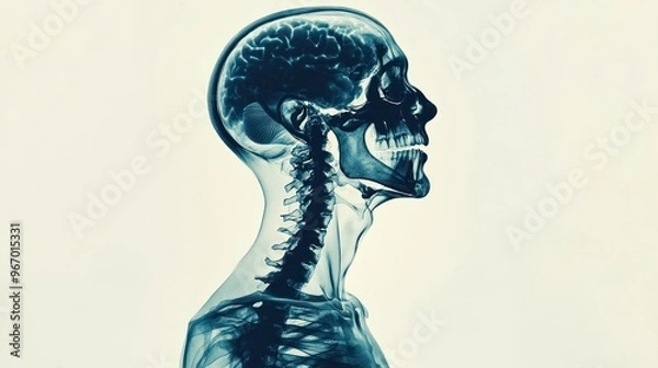 Obraz A Blue-Tinted X-Ray of a Human Skull, Brain, and Spinal Column