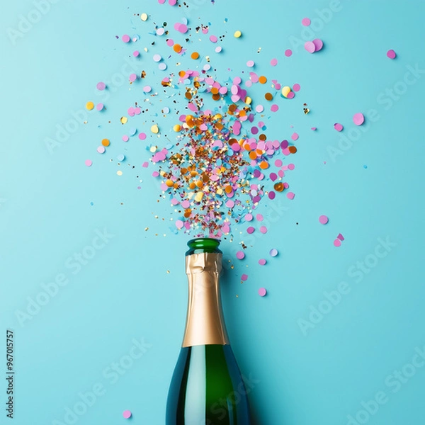 Obraz Champagne celebration with confetti shower on light blue backdrop