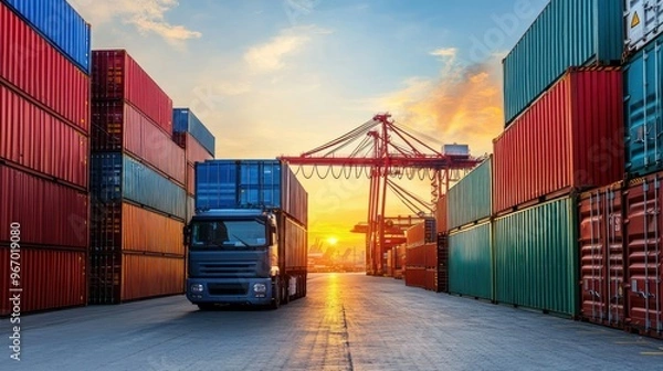 Obraz Semi-trailer truck transporting cargo containers at a port