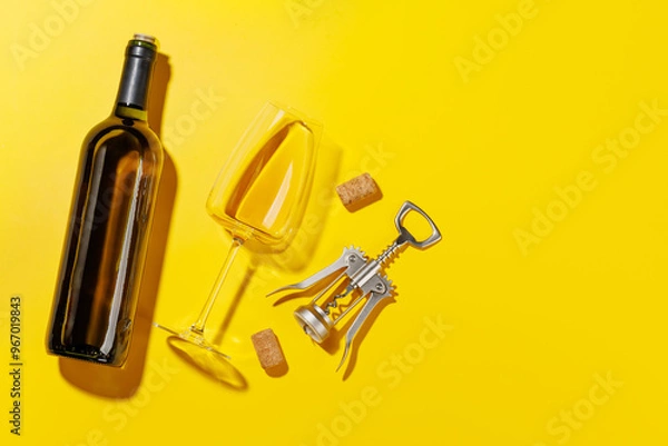 Fototapeta Wine glass, bottle alongside a corkscrew and several corks